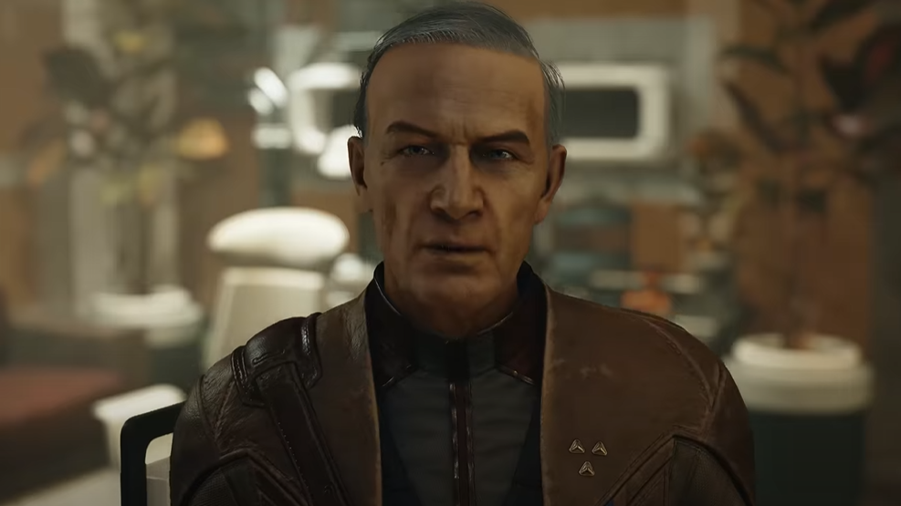 A screenshot from Starfield showing a member of the Peacekeeper faction in dialogue with the player