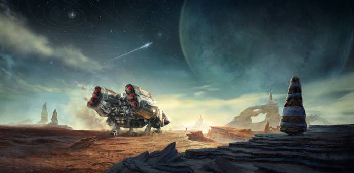 Ett skepp i Starfield sitter på en dammig berghäll på en planet när stjärnorna, ett skepp och en måne hänger lovande ovanför.