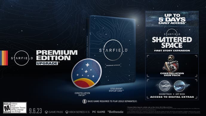 Showing the steel book, patch, and in-game items for physical premium edition of starfield.