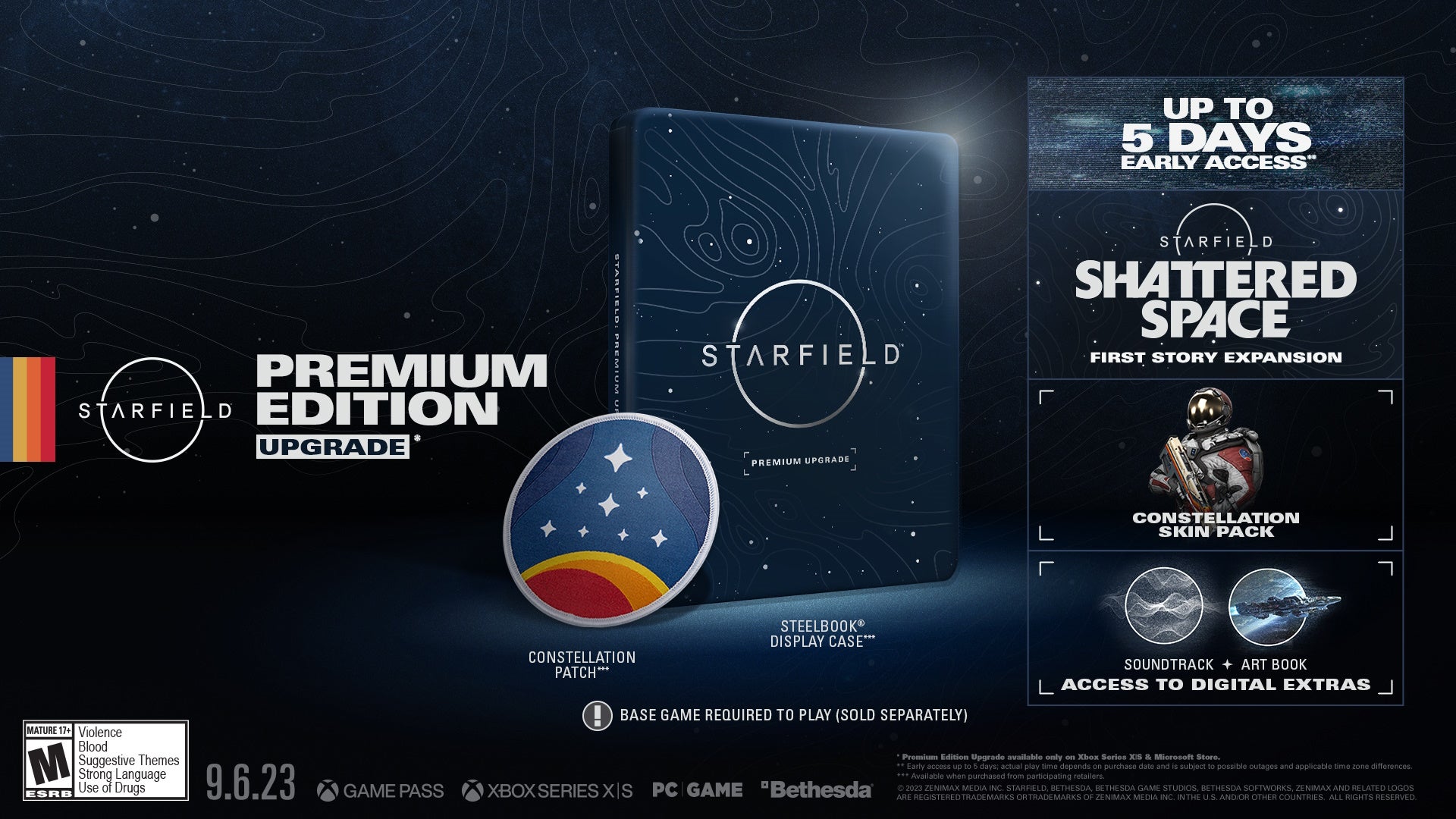 Mostrando el libro de acero, el parche y los elementos del juego para la edición física premium de Starfield.