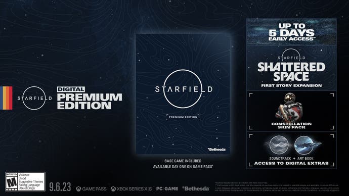 The game name on a blank dark blue cover with in-game items listed beside it for the digital premium edition.