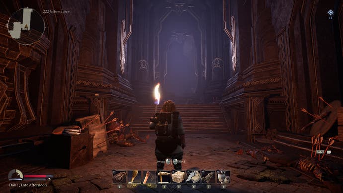 LOTR Return to Moria screenshot - A dwarf stands in the middle of a darkened corridor, lighting the way with a torch. There are skeletons and orc arrows at the sides of the path.