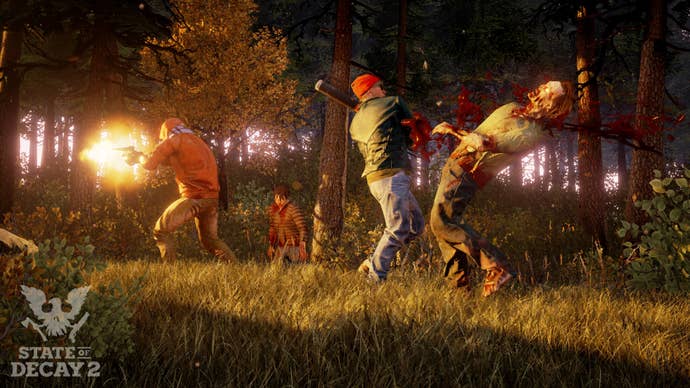 A player attacks multiple zombies in a forest in State of Decay 2.