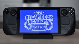 A Steam Deck displaying the RPS Steam Deck Academy logo.