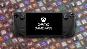 A Steam Deck sits on top of a grid of Xbox Game Pass titles, with the Game Pass logo displayed on its screen.