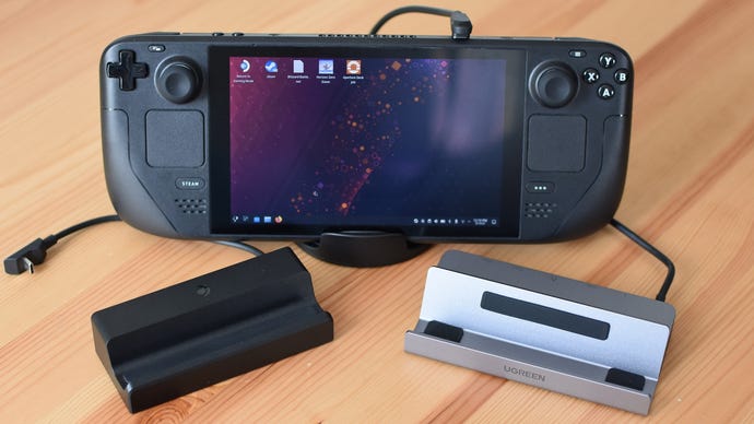 A Steam Deck and several docking stations.