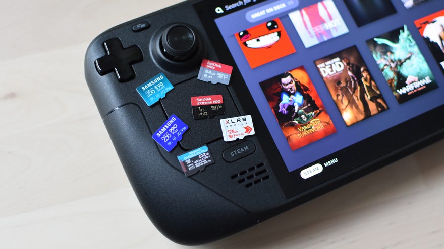 Several of the best microSD cards for the Steam Deck, laying on top of a Steam Deck OLED.