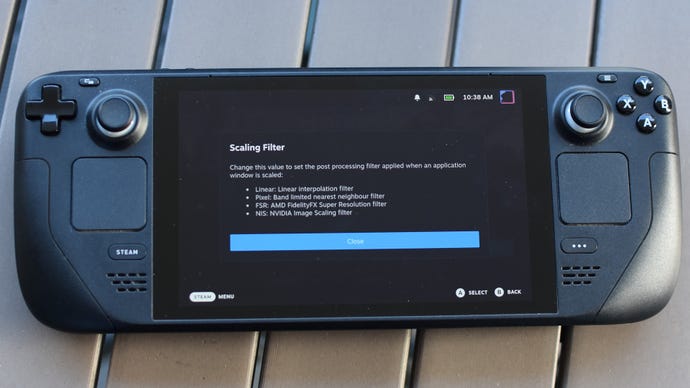 A Steam Deck showing Steam's explanation of the different scaling modes.
