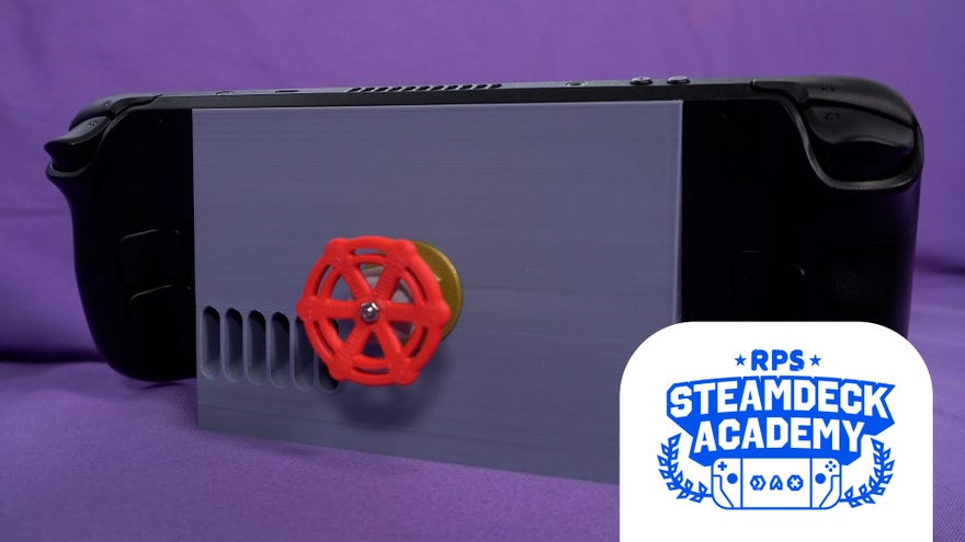 A 3D-printed Steam Deck stand, holding the handheld. The RPS Steam Deck Academy logo is added in the bottom right corner.