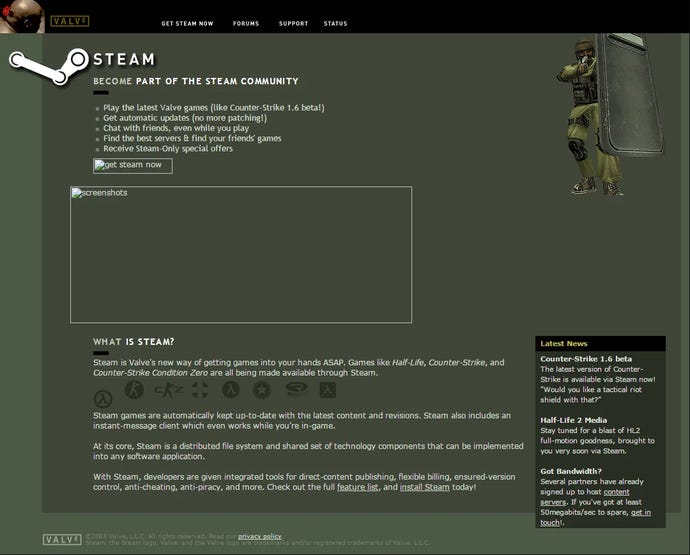 Une capture d'écran du client Steam datant de 2003, sans vitrine.