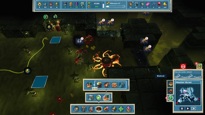 Robot guard fight against bug swarms underground in SteamWorld Build