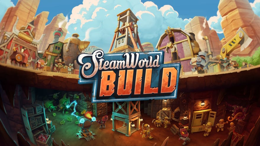 The key art for SteamWorld Build, showing a western town above, and a mining operation below