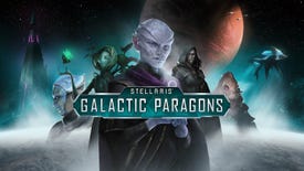 Alien people pose in front of a logo for Stellaris: Galactic Paragons