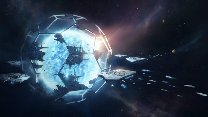 Artwork of a Dyson Sphere megastructure in space from Stellaris