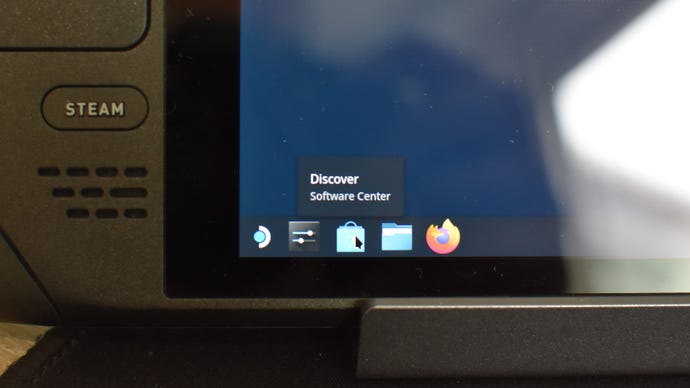 Step 1 of how to play Starfield on Game Pass with a Steam Deck: Open the Discover Software Center.
