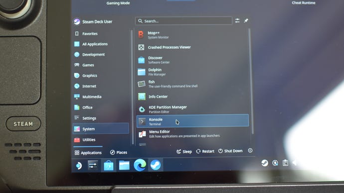 Step 5 of how to play Starfield on Game Pass with a Steam Deck: Open the Applications Launcher and click on the System tab. Then, open Konsole.