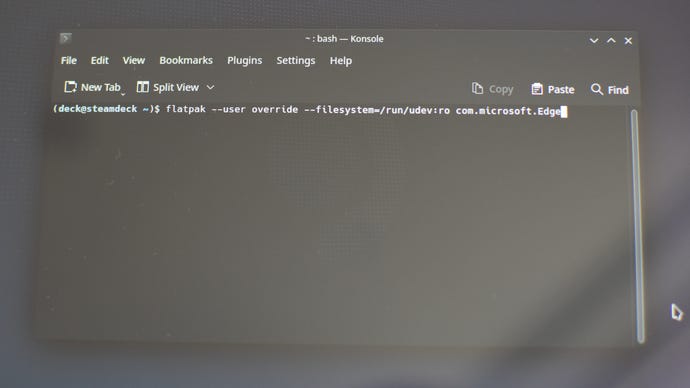 Step 6 of how to play Starfield on Game Pass with a Steam Deck: In Konsole, type or paste the following: flatpak --user override --filesystem=/run/udev:ro com.microsoft.Edge