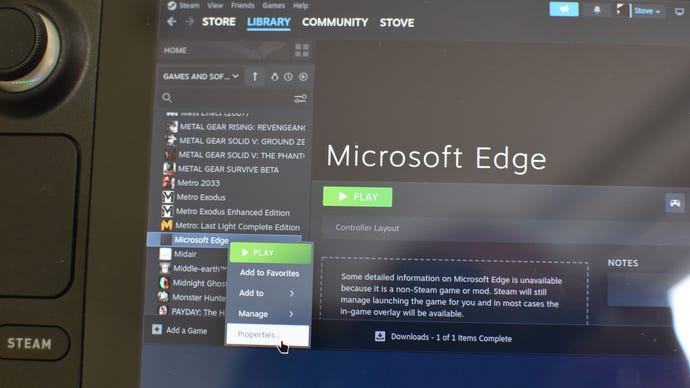 Step 7 of how to play Starfield on Game Pass with a Steam Deck: Find Edge in the Steam app and open its Properties menu.