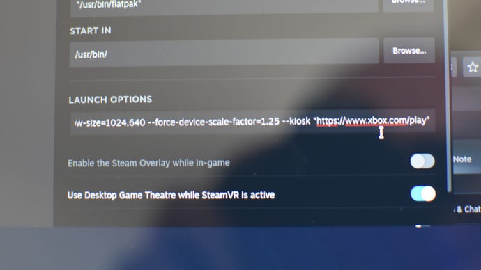 Step 8 of how to play Starfield on Game Pass with a Steam Deck: Scroll to the end of the text that's inside the Launch Options field, add a space, then add the following: --window-size=1024,640 --force-device-scale-factor=1.25 --device-scale-factor=1.25 --kiosk https://www.xbox.com/play