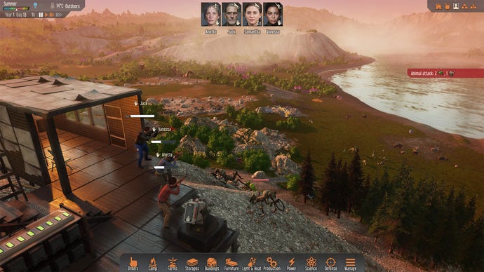 Colonists open fire on attacking alien ants in Stranded: Alien Dawn.