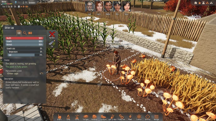 A colonist attends to their modest vegtable farm in Stranded: Alien Dawn.