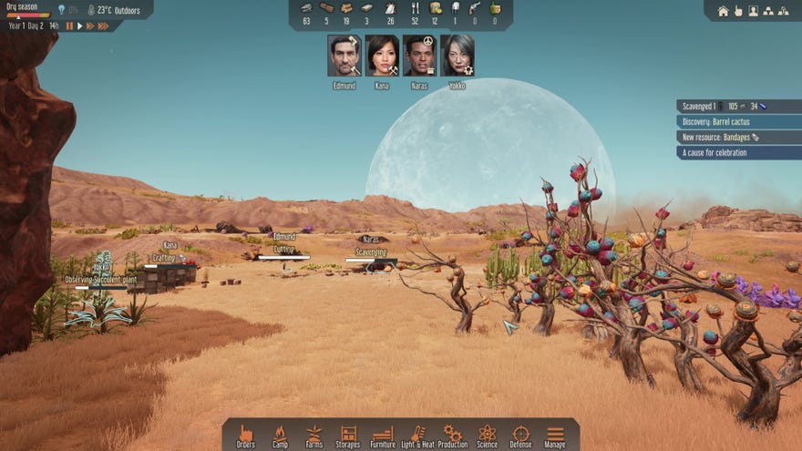 A desert landscape with colourful alien plants set against the backdrop of an enormous moon in Stranded: Alien Dawn