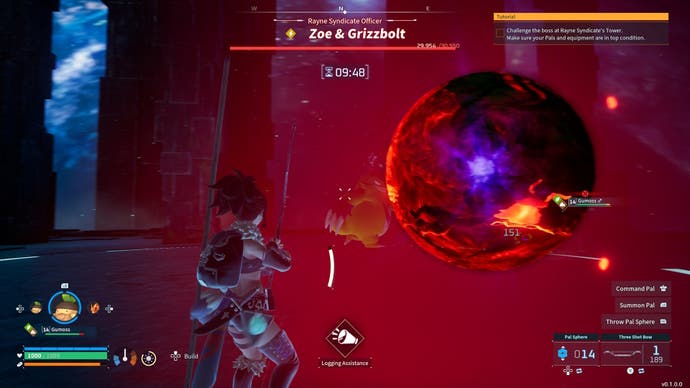 Eine große rote und schwarze Kugel wird in der Ferne im Rayne -Syndikat in Palworld auf Zoe und Grizzbolt abgefeuert