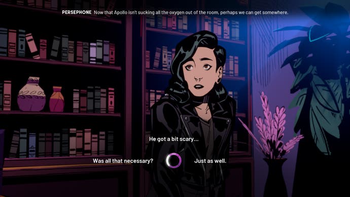 Stray Gods screenshot showing a female character in dark clothes with black hair in front of a violet-hued bookcase, with dialogue choices at the bottom of the screen.
