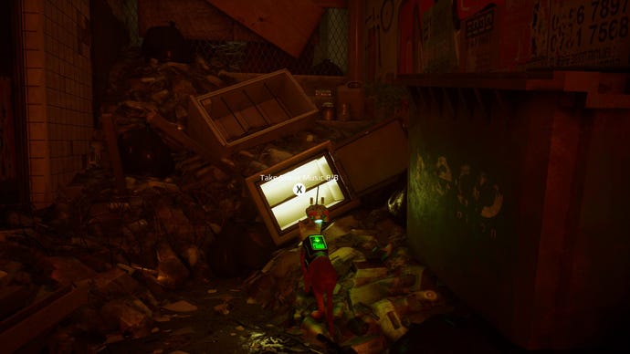 Stray screenshot showing a cat staring into a glowing safe in a dark, garbage-filled alleyway. There is a piece of sheet music inside the safe.
