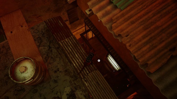 Stray screenshot showing a cat peering off the edge of a rooftop, staring at a vending machine that is lit below.