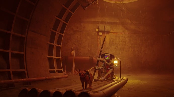 Stray's leading cat rides a raft, accompanied by a robot man, through a sewer.