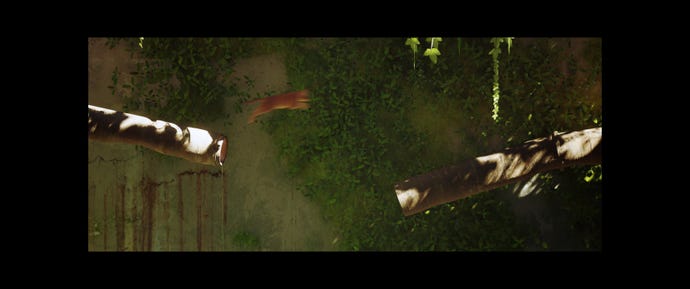 A cat leaps between pipes in Stray, showing the black border that appears during certain cutscenes in ultrawide mode.