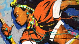 Key art of new fighter Kimberly from Street Fighter 6 showing a graffiti version of the character running