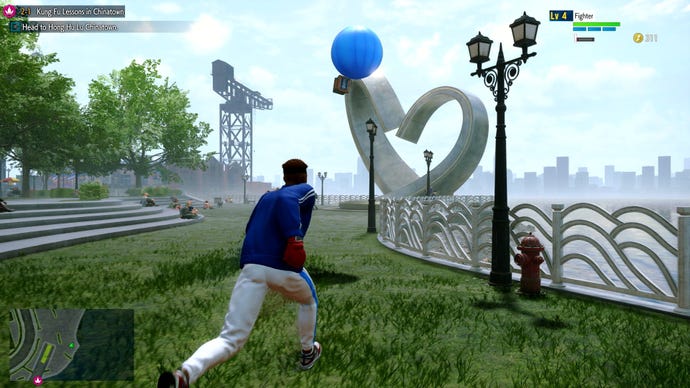 Street Fighter 6 screenshot showing a character running around near a balloon that can be popped to get an item.