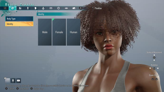 Street Fighter 6 character creator showing pronoun options and close up of Black female character