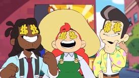 Three characters look up with a wide grin and dollar signs in their eyes, in a screenshot from Streets Of Rogue 2's trailer