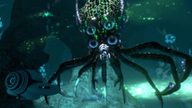 A screenshot from Subnautica showing a crabsquid looming over a submarine