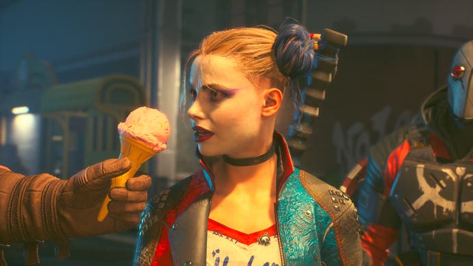 Suicide Squad: Kill the Justice League screenshot showing Harley being offered an ice cream and frowning
