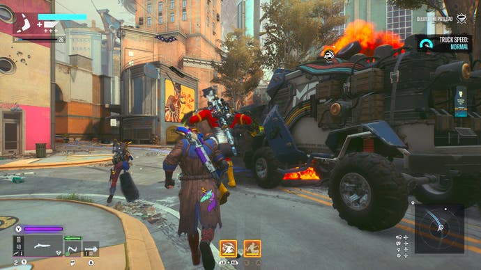 اسکرین شات Suicide Squad: Kill the Justice League که تیم را در حال اسکورت یک کامیون با سرعت پیاده روی نشان می دهد.
