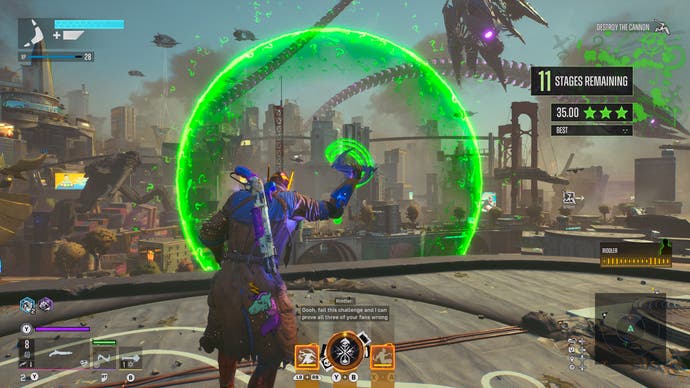 Suicide Squad: Kill the Justice League screenshot showing a Riddler time trial with big green hoop over the view of the city