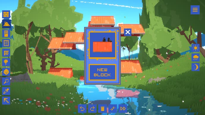 Al desbloquear una nueva pieza jugable en Summerhouse, el jugador ha enviado spam a un río frondoso con partes de techo flotantes.
