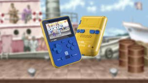 Super Pocket handheld machine in blue and yellow, on a backdrop of a slightly blurred Street Fighter 2 stage; a dockyard with ships in the background.