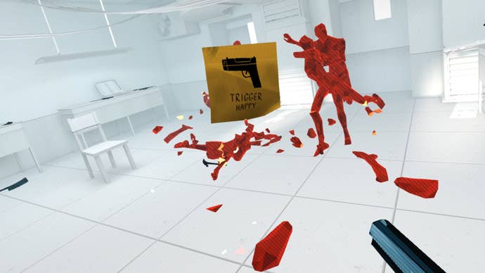 The player looks at a note in Superhot VR that reads 'Trigger Happy'