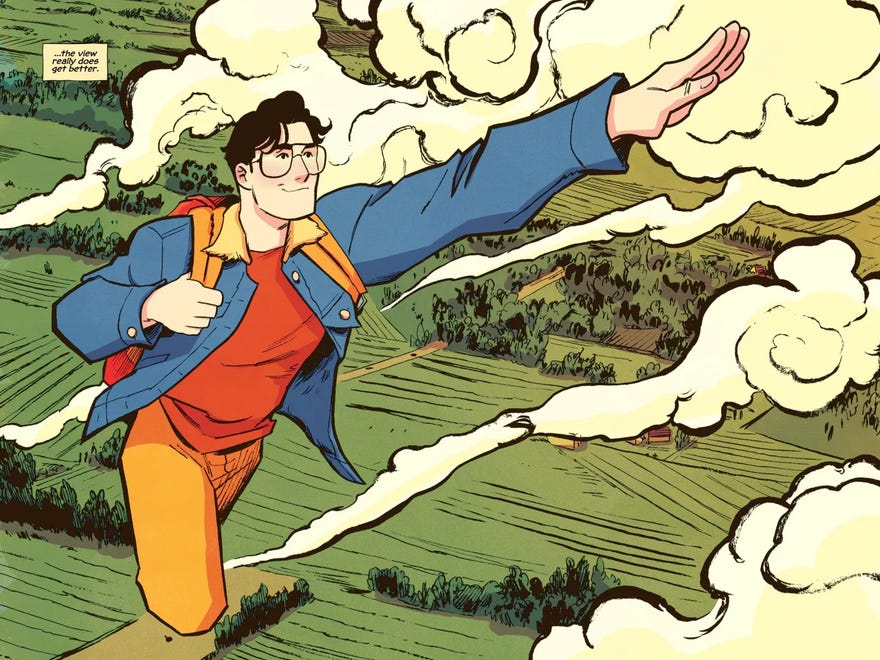 A panel from Superman: Harvests of Youth graphic novel of Clark Kent flying.