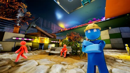 A blue man with a yellow hardhat stands in front of a cartoony work site in Supraland Six Inches Under