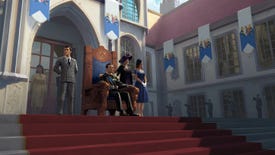 Family of monarchs pose atop a flight of stairs in a graphic for Suzerain's Kingdom Of Rizia expansion