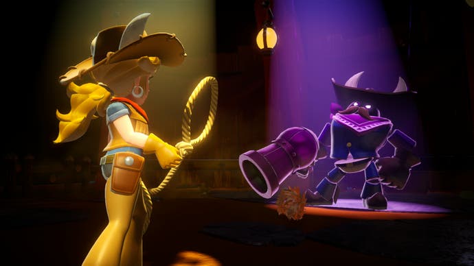 Uno screenshot di Princess Peach: Showtime mostra Peach che usa un lazo contro un personaggio boss che indossa un cappello da cowboy.