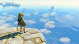 Link standing on a floating island with other islands in the sky seen in the distance in The Legend of Zelda: Tears of the Kingdom.