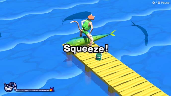 Un titre disant « Squeeze » est écrit en grand sur l'écran alors que Wario pêche une énorme créature.