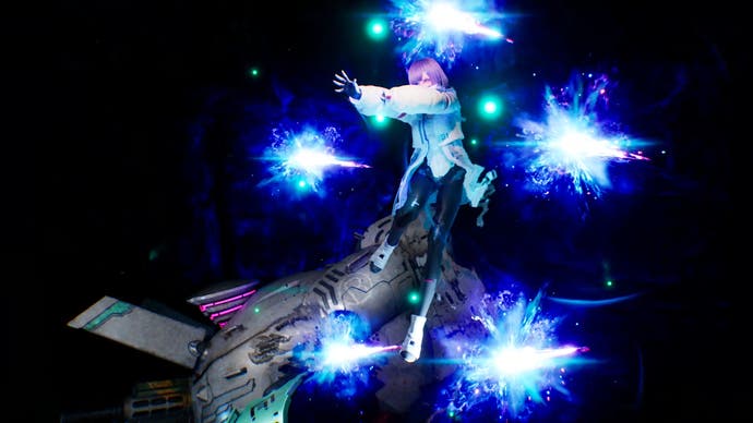 Le personnage féminin d'anime AI Magus invoque des orbes laser bleus à côté d'un robot bipède
